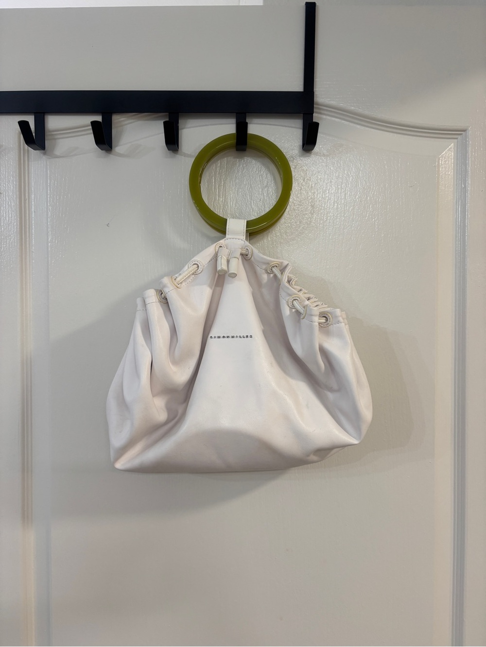 Simon Miller White Drawstring Mini Bag with Olive Ring Handle